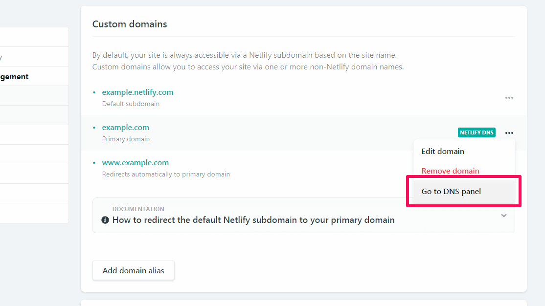 NetlifyでGo to DNS panelを選択